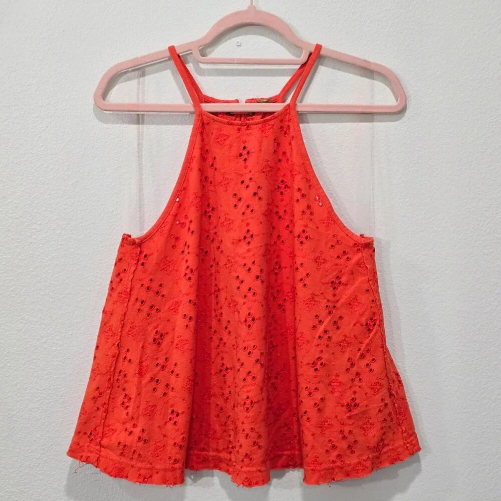 Free People ✦ Orange Eyelet Lace-Up Halter Crop Tank ✦ Cotton Summer Top XS - Picture 2 of 10